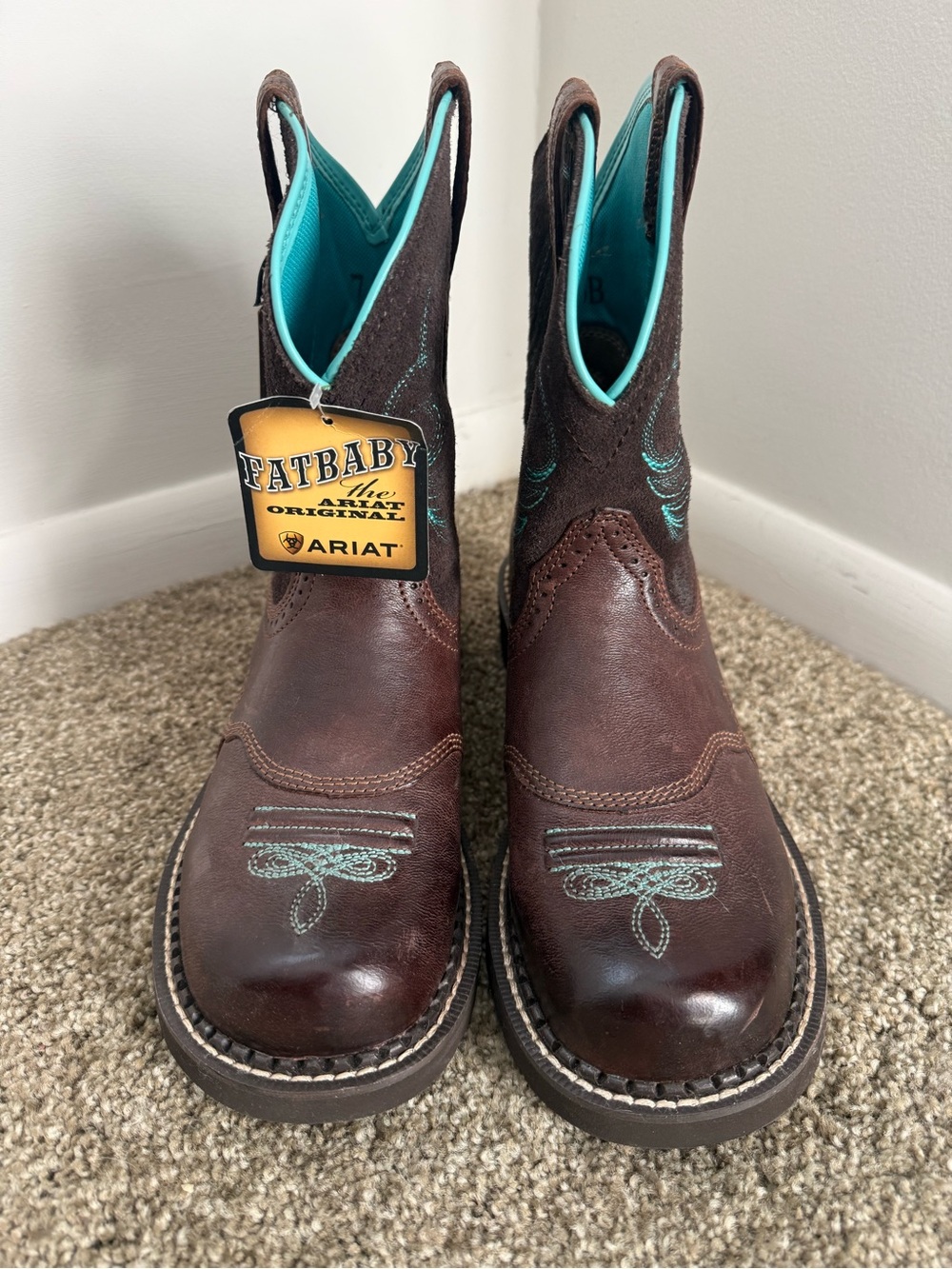 Ariat Brown Girls' Western Ankle Boots with Turquoise Stitching